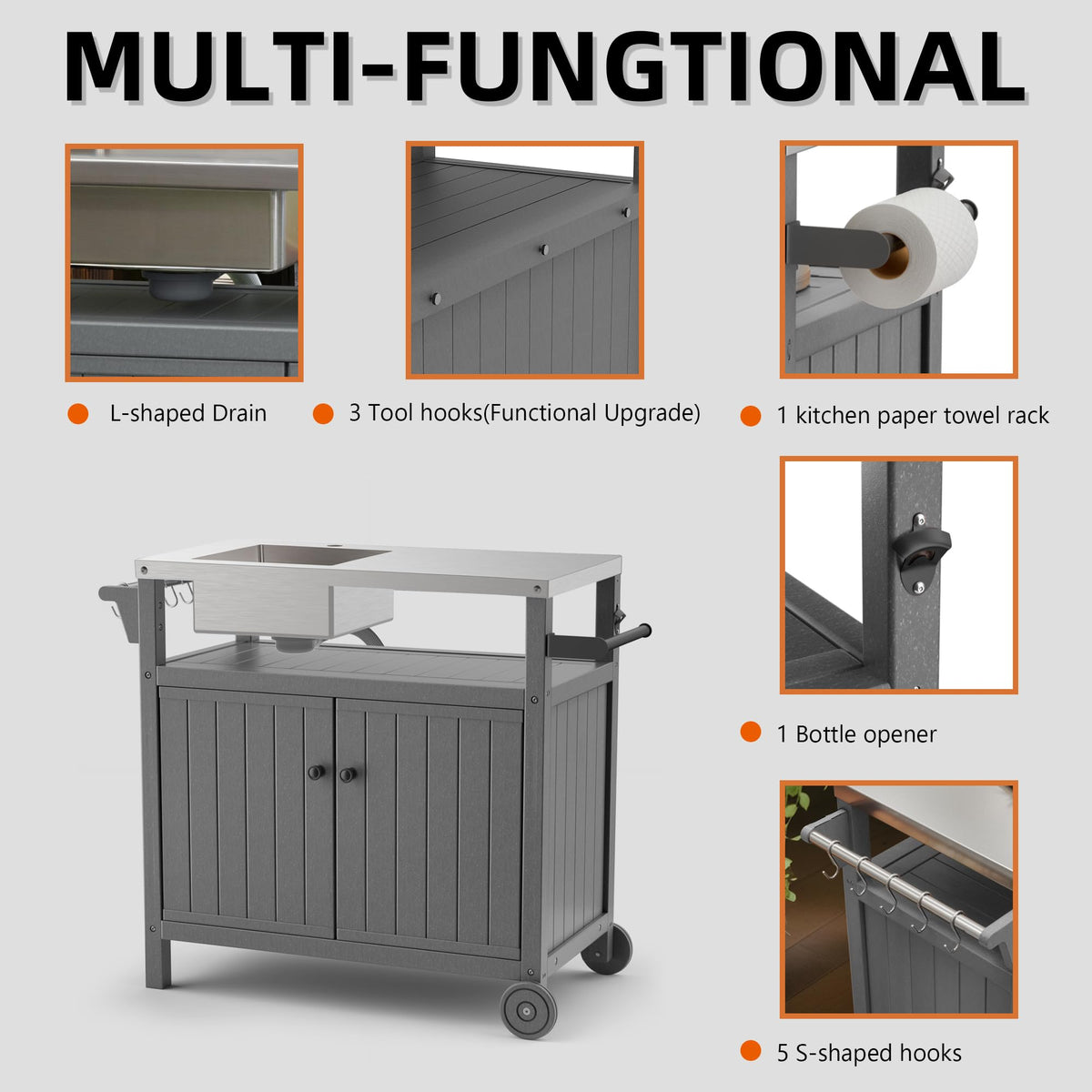 TORVA All in One Outdoor Grill Cart with Sink,Cabinet and Cover, 42 inch Freestanding Modular Kitchen Sink Station in 304 Stainless Steel&HDPE, All Weather Use BBQ Table, Grey
