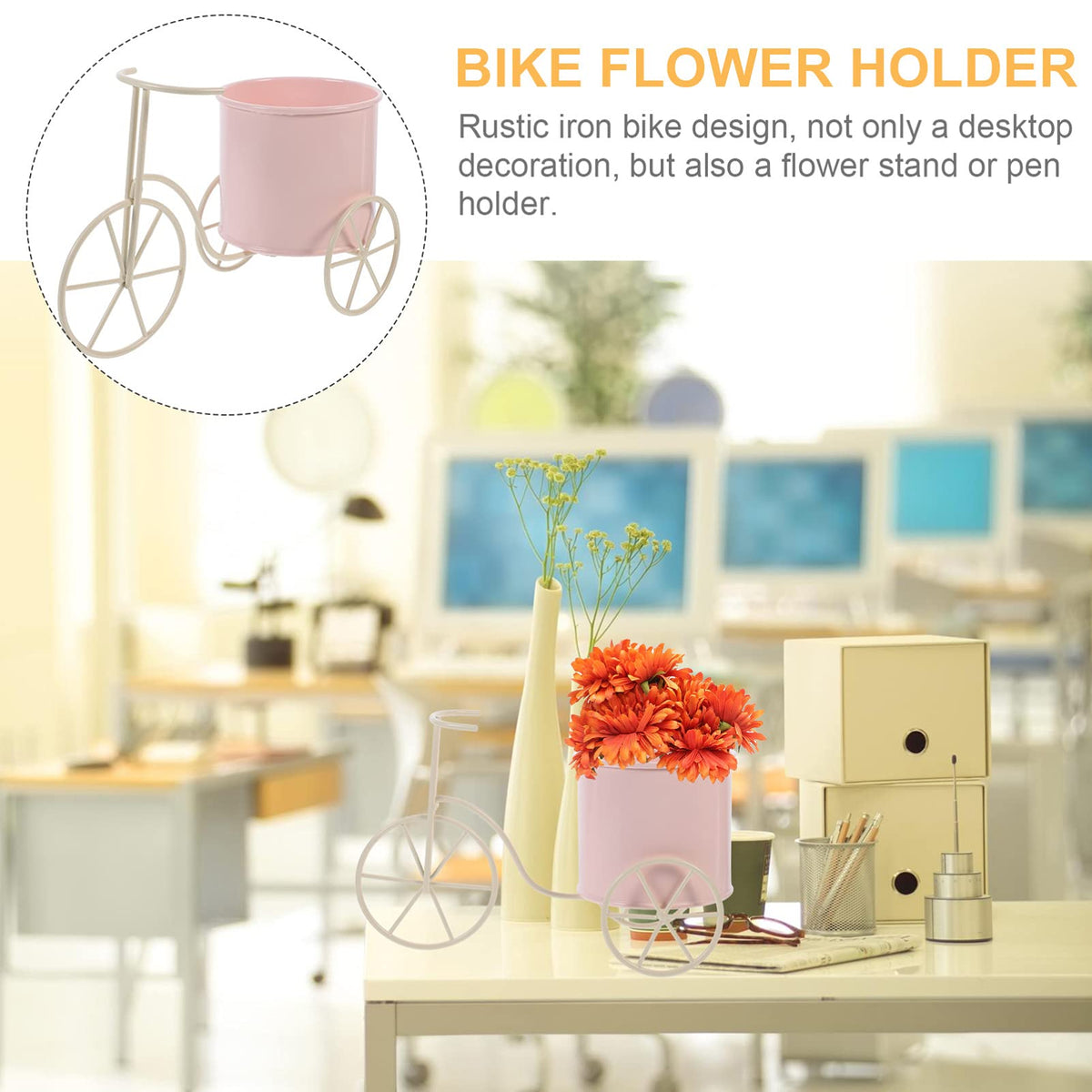 NUOBESTY Bicycle Metal Plant Stand Flower Pot Holder Iron Bicycle Plant Flower Stand Pot Patio Indoor Outdoor Decor, Pink