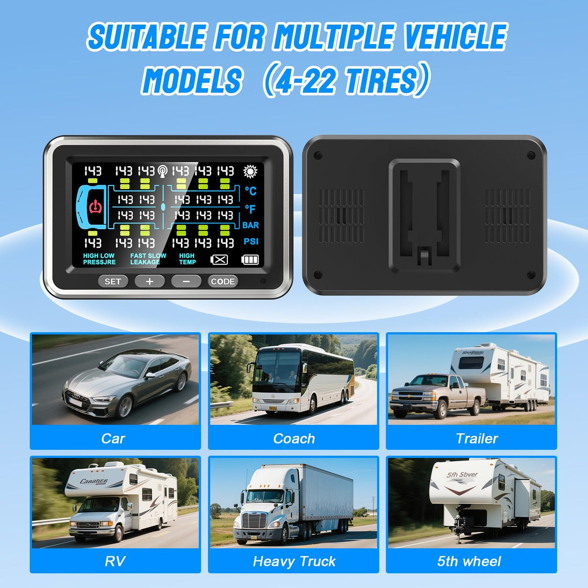 NLNE Trailer Tire Pressure Monitoring System 8 Sensors, 4.5" RV TPMS with Flow Through Sensor,6 Alerts Modes Monitor for Semi Truck/Camper/5th Wheel,Motorhome,Signal Booster,0-188PSI(4-22 Sensors)
