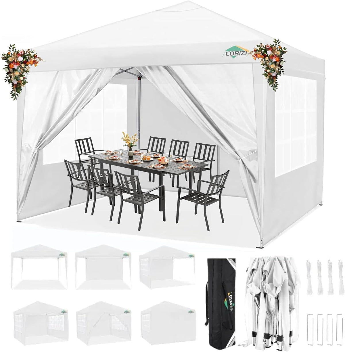 COBIZI 10x10 Pop Up Canopy Tent with 4 Sidewalls Party Tents Waterproof UPF 50+ Commercial Instant Outdoor Events Tent for Parties Markets Backyard, Ropes（10 x 10 ft White