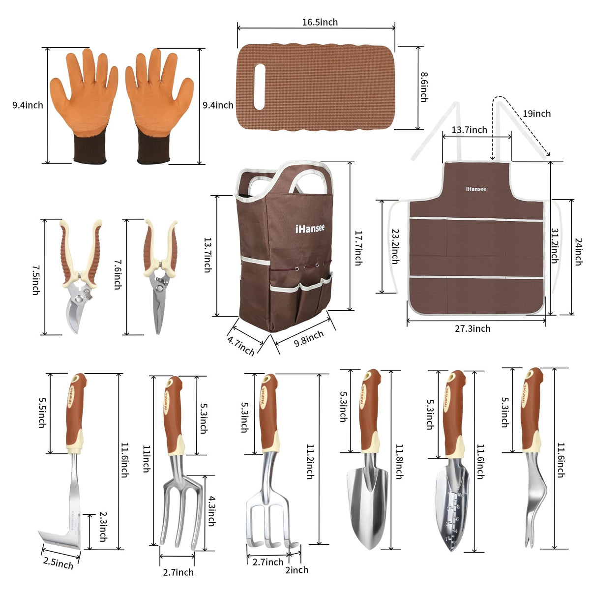 Brown Gardening Tools Set 12-Piece, Garden Hand Tool Kit with Non-Slip Ergonomic Handle, Storage Tote Bag, Garden Apron, Gloves and Kneeling Pad, Gardening Gifts for Women Men Plant Lover