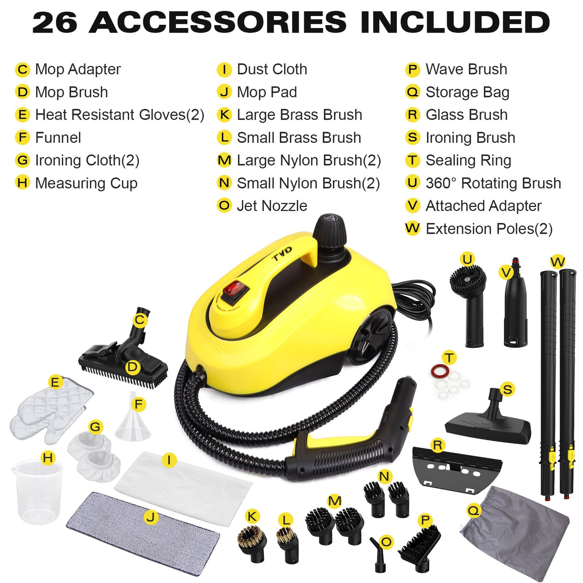 TVD Steam Cleaner, Steamer for Cleaning with 26 Accessories, Steam Cleaner for Home with 5M Extra-Long Power Cord for Home Floor Cleaning, Tile Detailing, Grout, Upholstery.