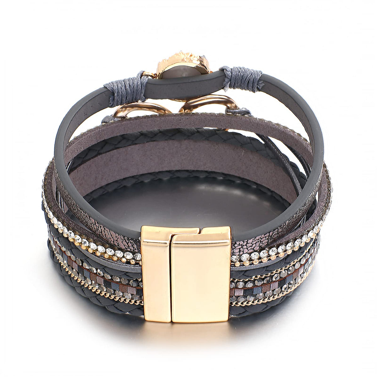 hotoo Leather Wrap Bracelet for Women Gray Beaded Cuff Bracelet with Heart-shape Decor Bohemian Crystal Bracelet Jewelry with Clasp Bangle Bracelet for Women Birthday Holiday Gift