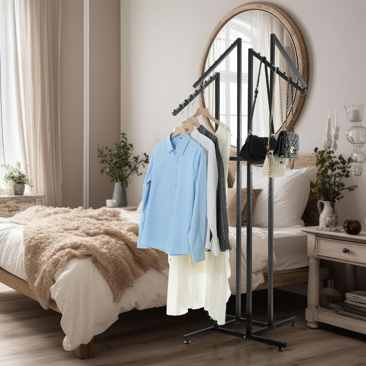 Barydat 4 Way Clothing Rack Heavy Duty Retail Clothing Display Rack with 18 Inch Slanted Arms Square Tubing 48-72 Inch Adjustable Clothes for Boutique Garment Shirt Hanger, 32 x 32 Inch