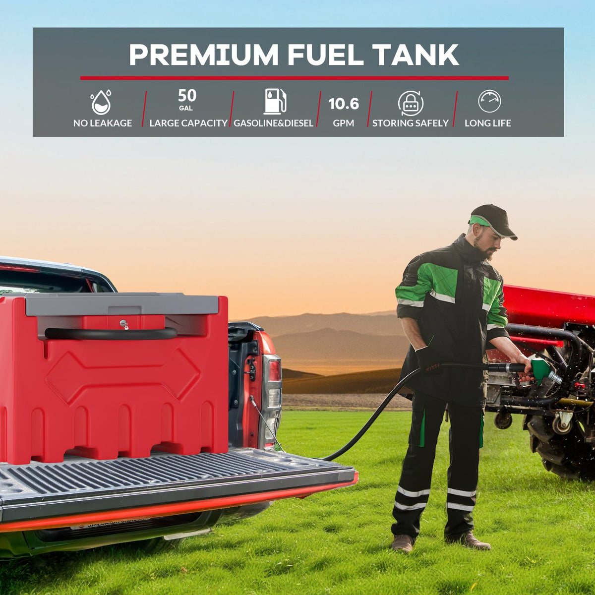 50 Gallon Portable Fuel Tank with 12V Electric Pump, Diesel Transfer Tank with Auto Shut-Off Nozzle & 13ft Hose, Heavy Duty HDPE Fuel Storage for Truck, Farm, Construction, Red