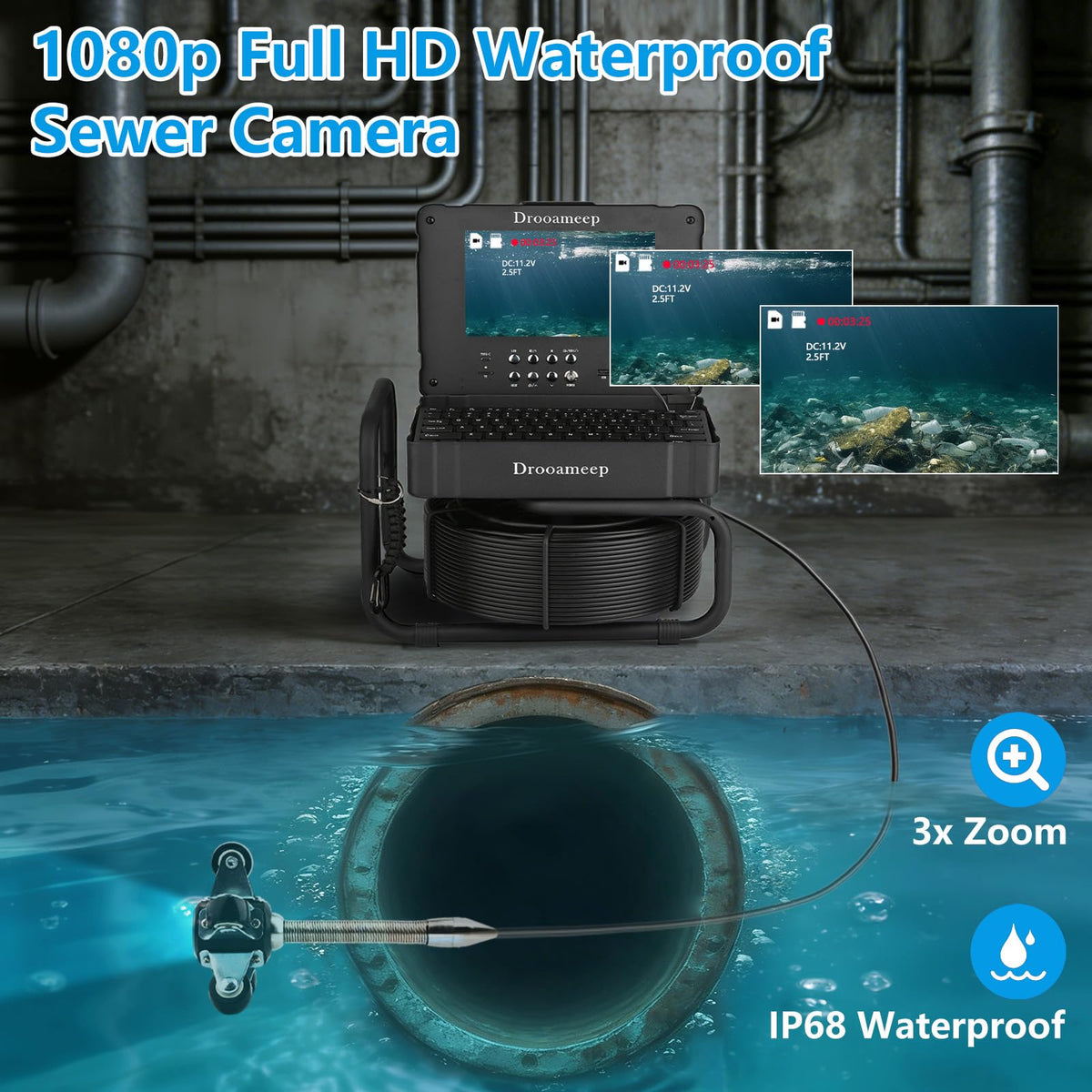 Drooameep Sewer Camera 100ft, Self Leveling Drain Camera, Plumbing Camera with 512Hz Sonde, Video & Voice Recorder, 3X Zoom, 9" Screen, 10000mAh, IP68, 32GB, 8 LED, for Drain Sewer Duct Plumbing