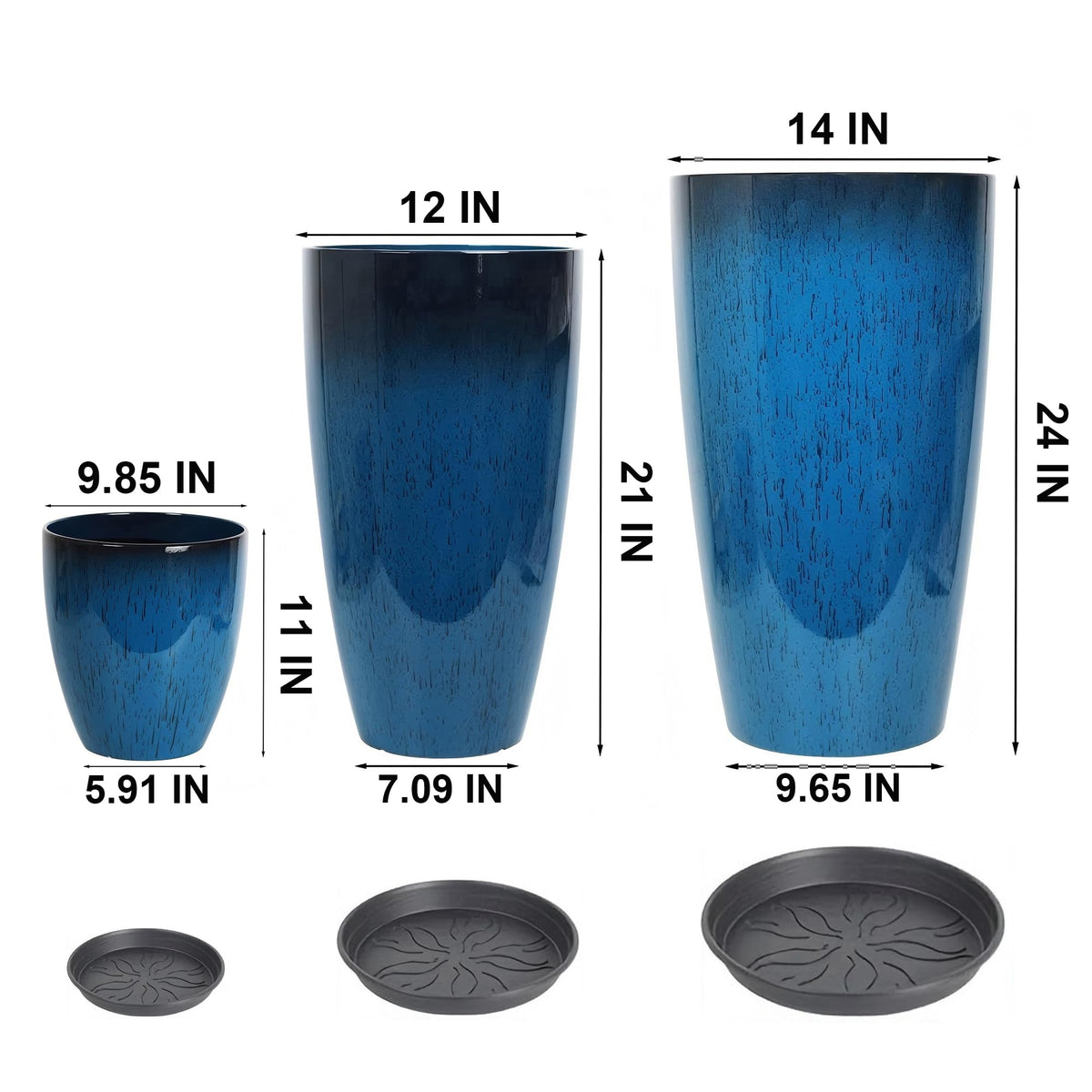MinCHI257 24,21,11 Inch Large Plastic Planters with Drainage Hole and Saucer - Set of 3 Tall Plant Pots Indoor Flower Pot Tall Round Planters Outdoor Large Tall Planter