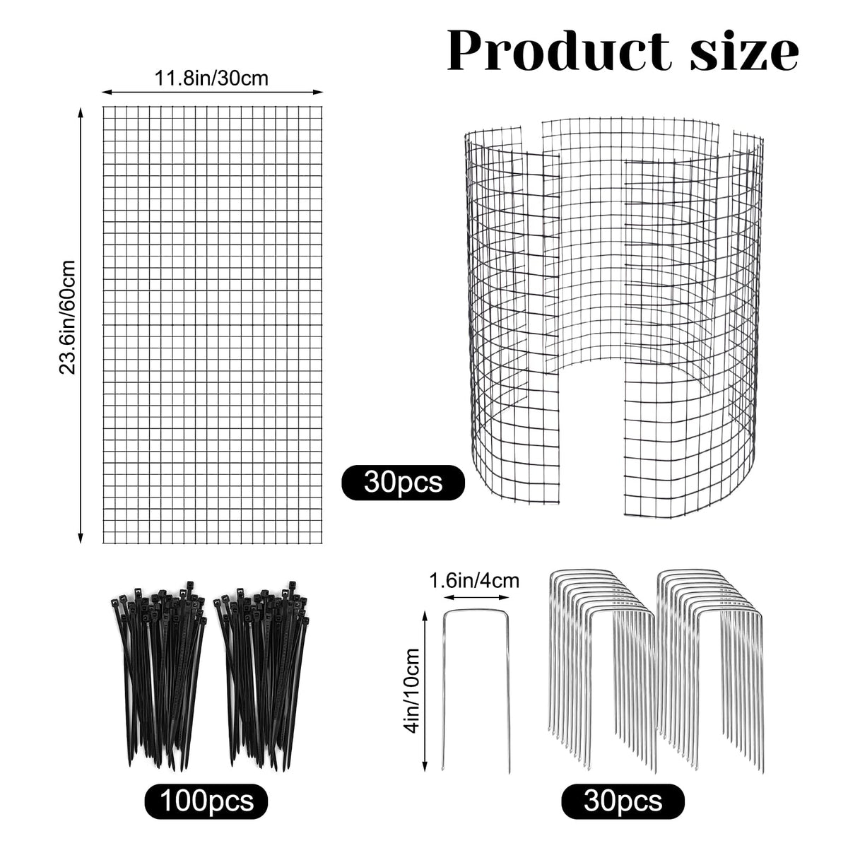Hlimior 30 Pcs Large Wire Plant Protector from Animals 24'' x 12''10 Sets Metal Plant Cage Chicken Wire Cloche with Ground Stakes and Nylon Tie to Keep Animals Out, Garden Protection Bunny Barricade