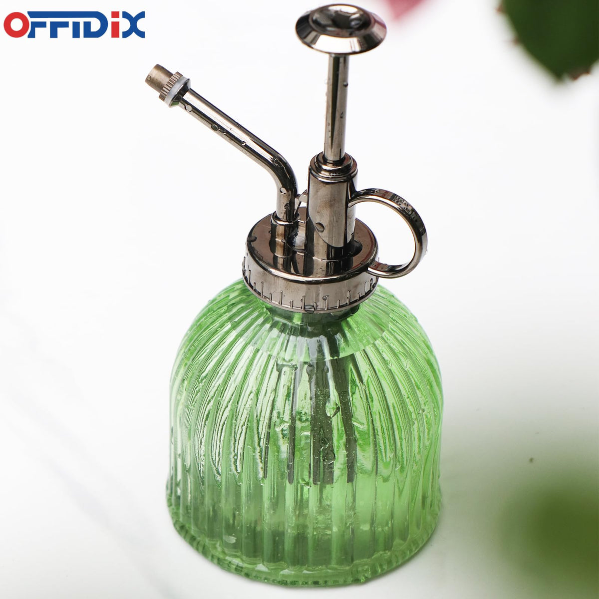 OFFIDIX Glass Plant Mister, 6.3 Inches Tall Vintage Style Spritzer Bronze Plastic Top Pump One Hand Watering Can Indoor Plant Spray Bottle for Garden, Plants, Cleaning (Light Green)