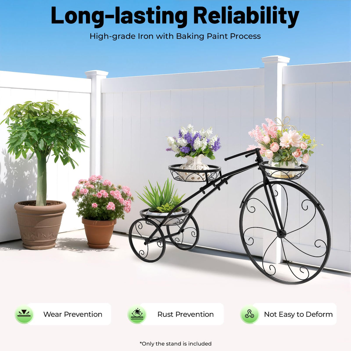 Genseino Metal Bicycle Planter, Flower Cart Display Stand, Three-wheeled Plant Stand Flower Display Stand for Home Decor, Patio, Garden, Flower Shop Indoor Outdoor, Black