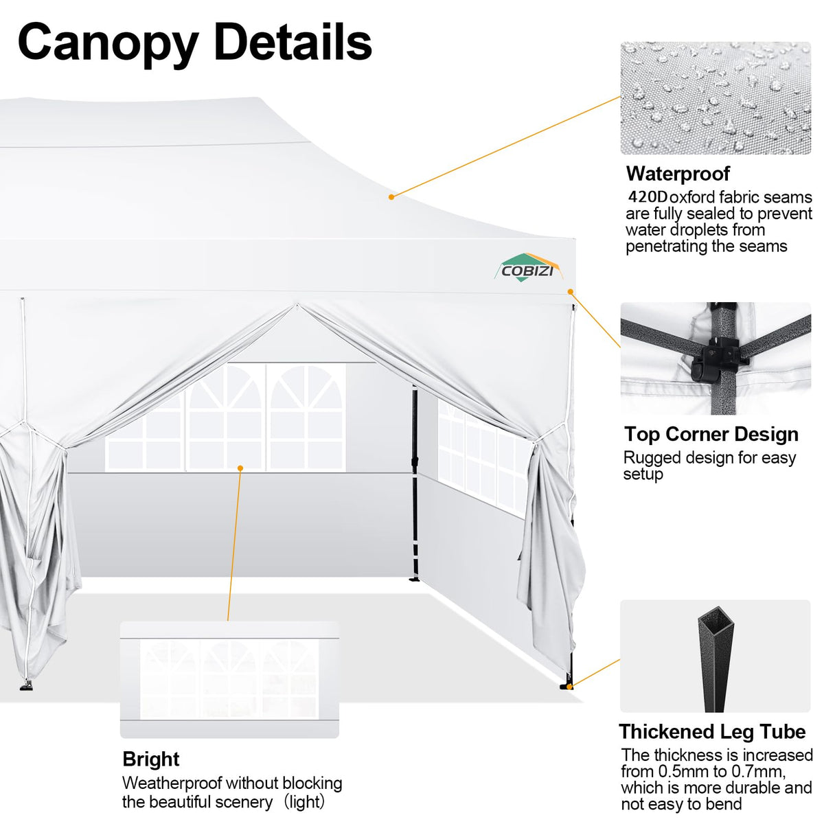 COBIZI 10x20 Pop up Canopy Tent 10x20 Canopy with 6 Sidewalls Waterproof Heavy Duty Commercial Canopy Tent for Parties Outdoor Garden Gazebo, Carry Bag with Wheel(10x20ft, White)