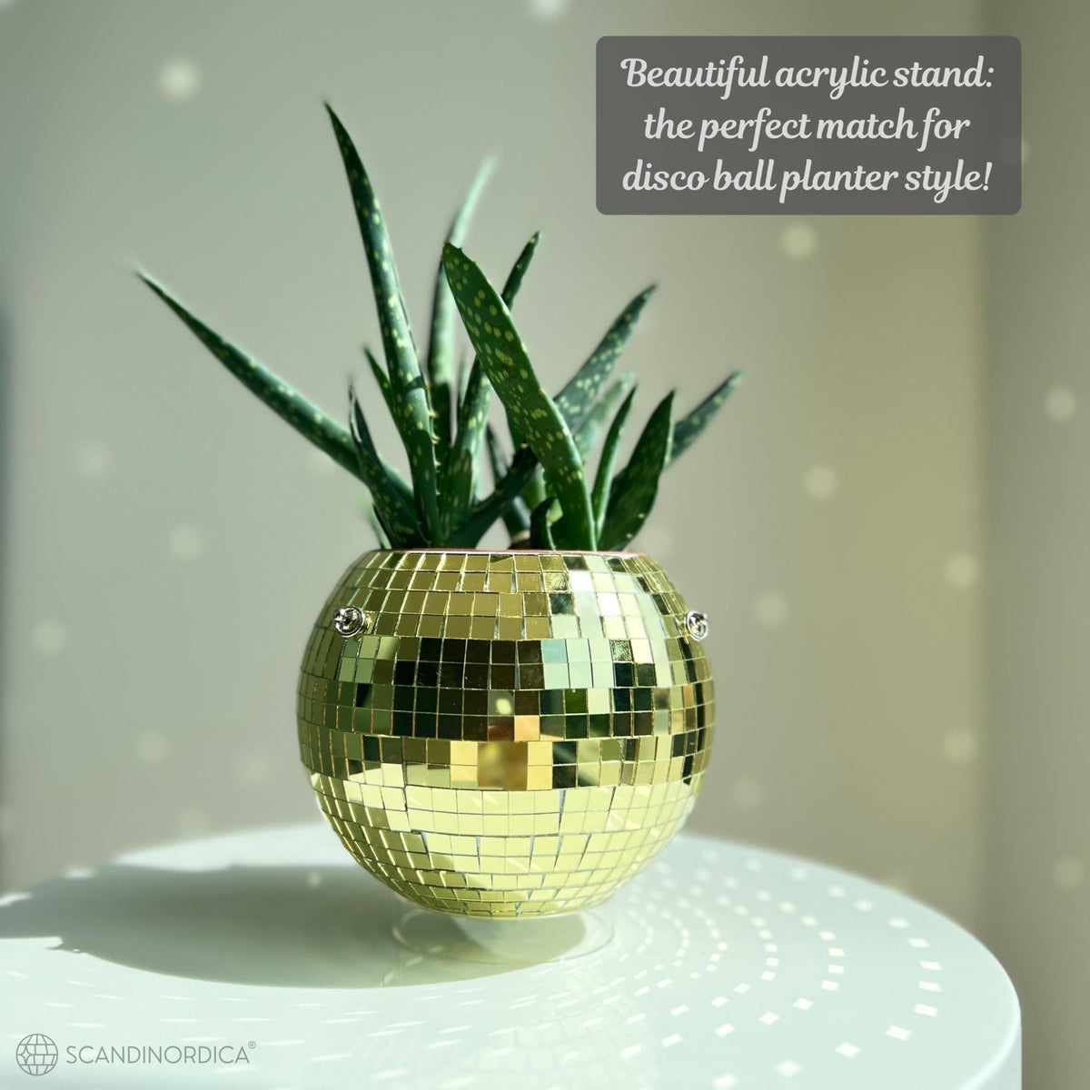 SCANDINORDICA Disco Ball Planter – Value Package: Mirror Disco Planter with Chain, Macrame Hanger and Acrylic Stand for Desk, Includes Self Watering Insert, Retro Decor | 6 inch Gold