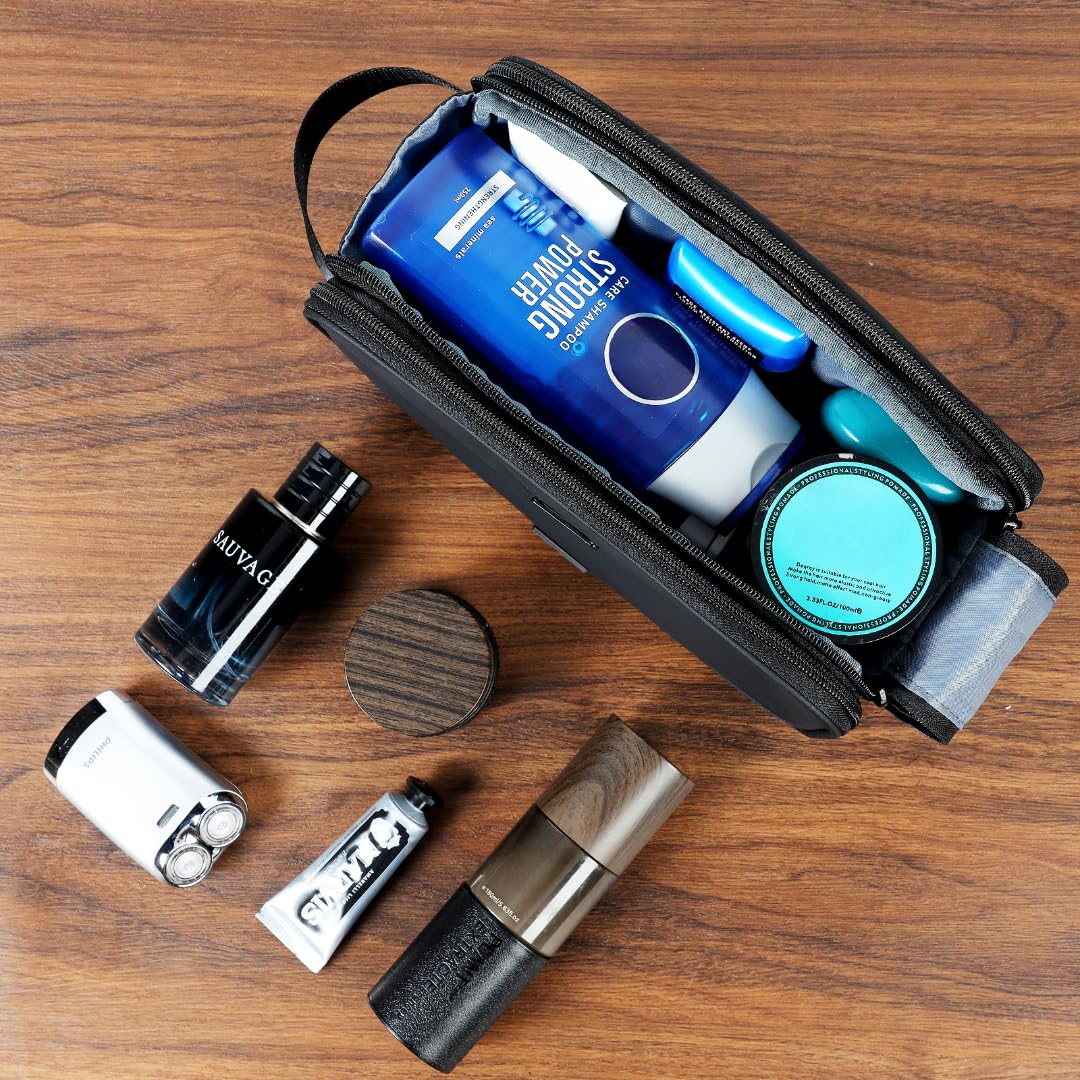 ZEEMO Travel Toiletry Bag for Men, Medium Water-Resistant Double-Sided Full-Open Dopp Kit, Versatile Organizer for Shower and Hygiene Accessories, Bathroom Essentials, Cosmetics, Black