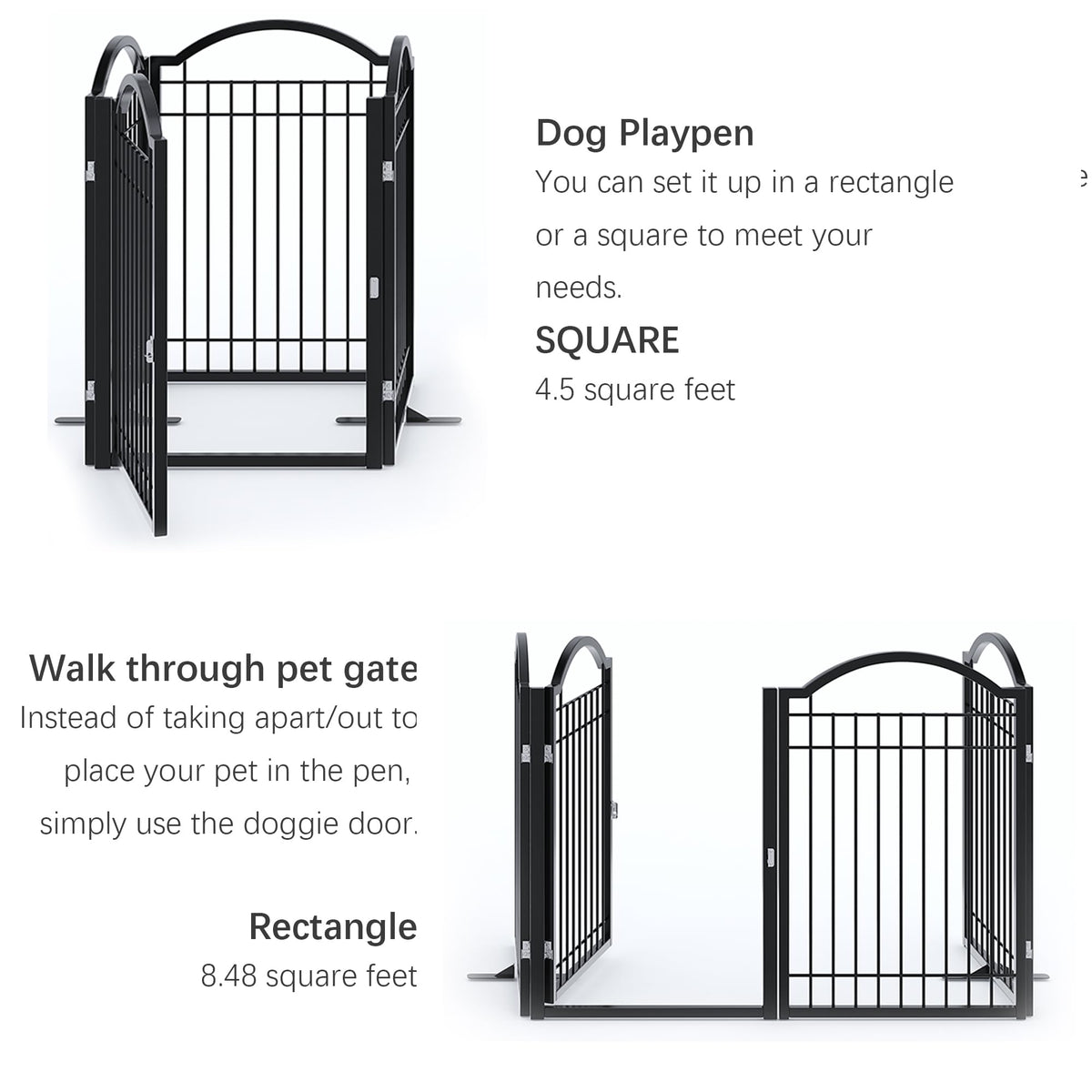 BHG Metal No-Assembly Freestanding Dog Gate with Door Walk Through, Extra Wide 96", Extra Tall 32" Pet Gate, Accordion Puppy Folding Playpen Dog Fence, with 2PCS Support (Black, 4 Panels)