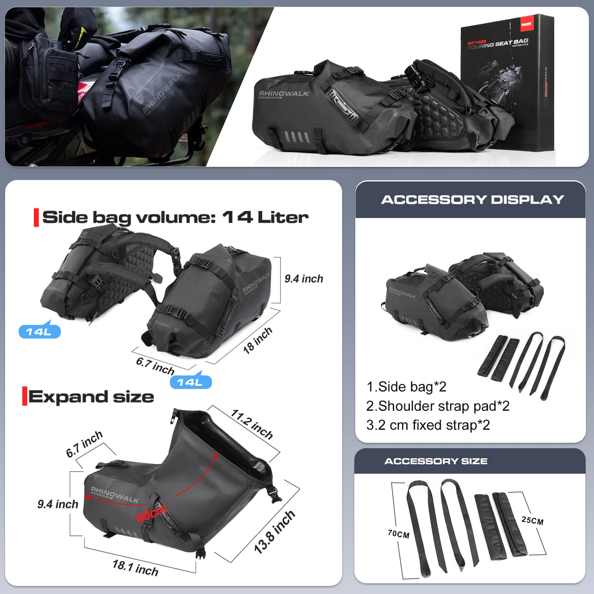 Rhinowalk Motorcycle Saddlebags 28L(14L*2) Waterproof Motorbike Side Bags, Travel Luggage Panniers with Shoulder Strap for Adventure & Sport Motorcycle Racks, 1 Pair