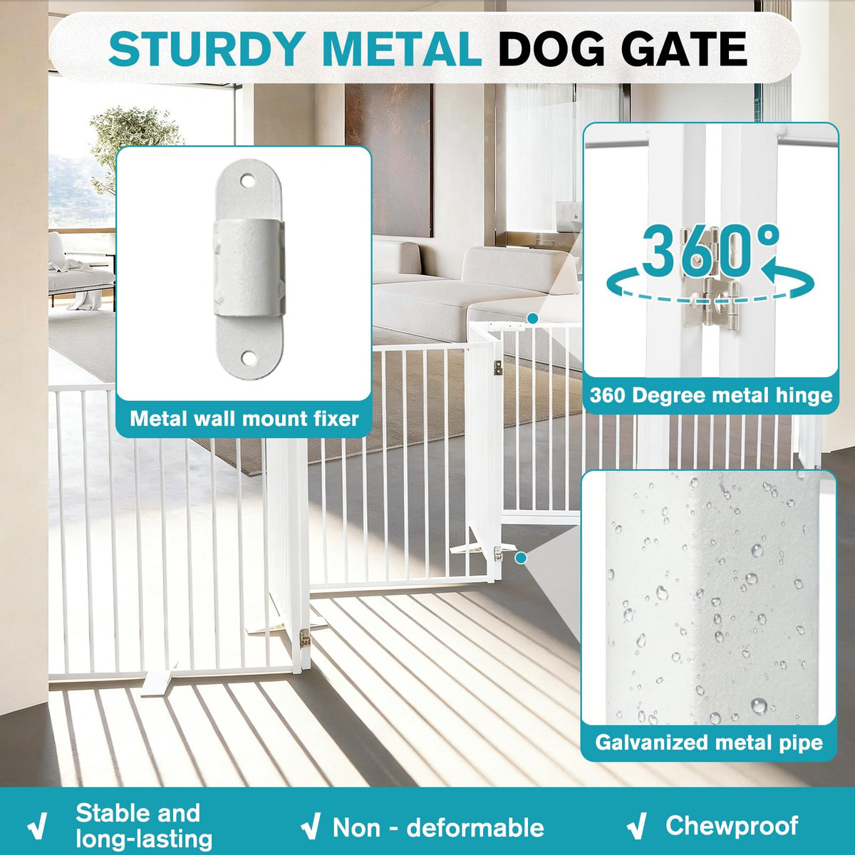 Snagle Paw Extra Wide Dog Gate,Free Standing Dog Fence with Door, Up to 208 Inch Wide Pet Gate with Support Feet for Stairs, Hallways, Doorways, Yard (White, 8 Panels)