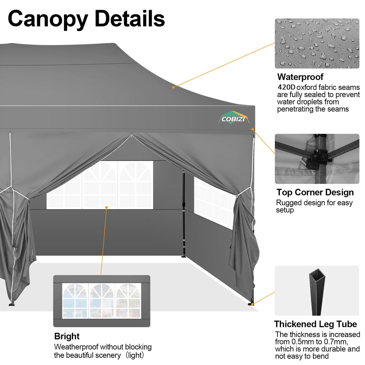 COBIZI 10x20 Pop up Canopy Tent 10x20 Canopy with 6 Sidewalls Waterproof Heavy Duty Commercial Tent for Parties Outdoor Garden Gazebo, Carry Bag with Wheel(10x20ft, Gray)