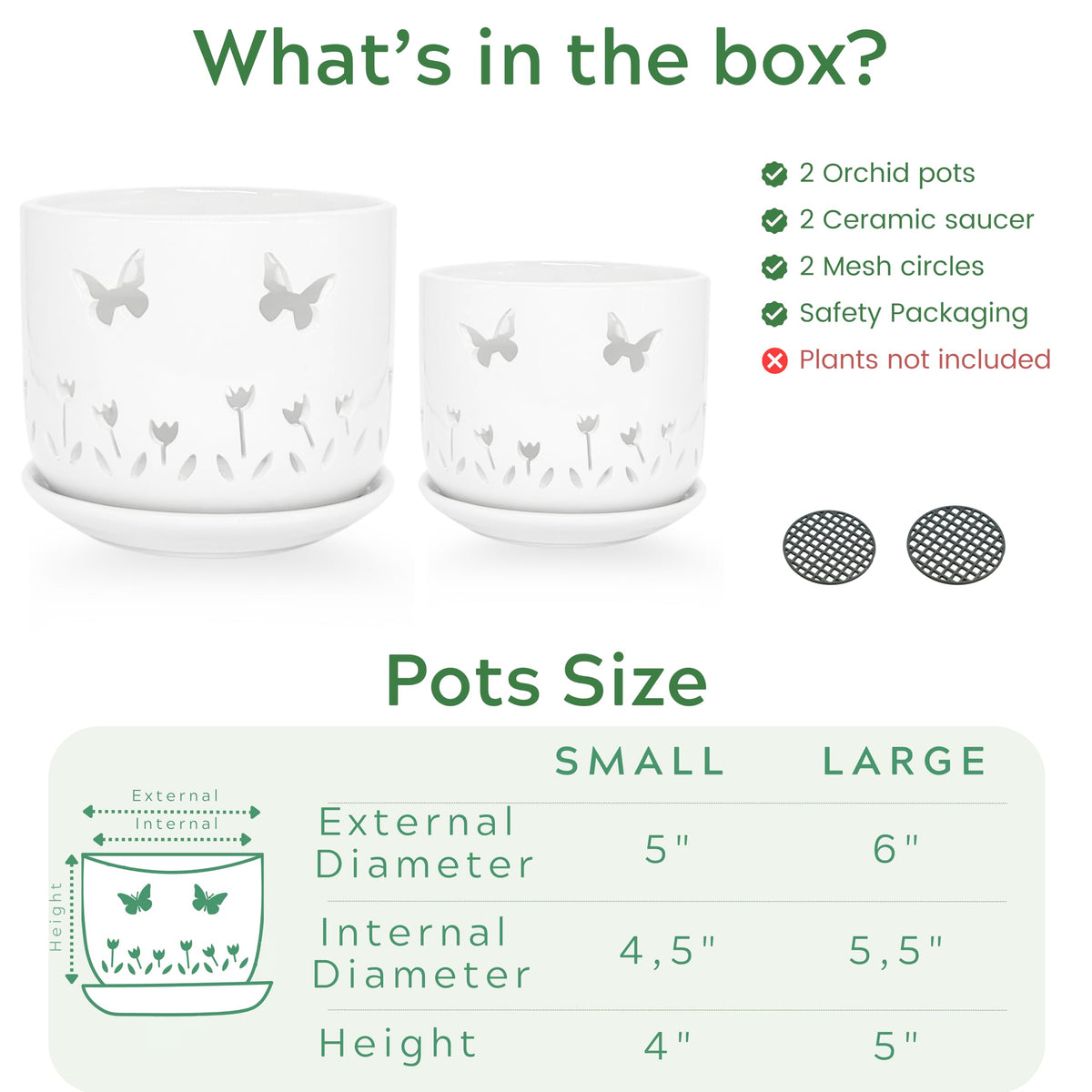 Thriving Thicket 2 Pack, 5 + 6 Inch White Orchid Pots with Butterflies and Tulips Holes and Saucer, Ceramic Orchid Planters for Repotting with Drainage Holes and Tray Indoor Outdoor, Butterfly Gift