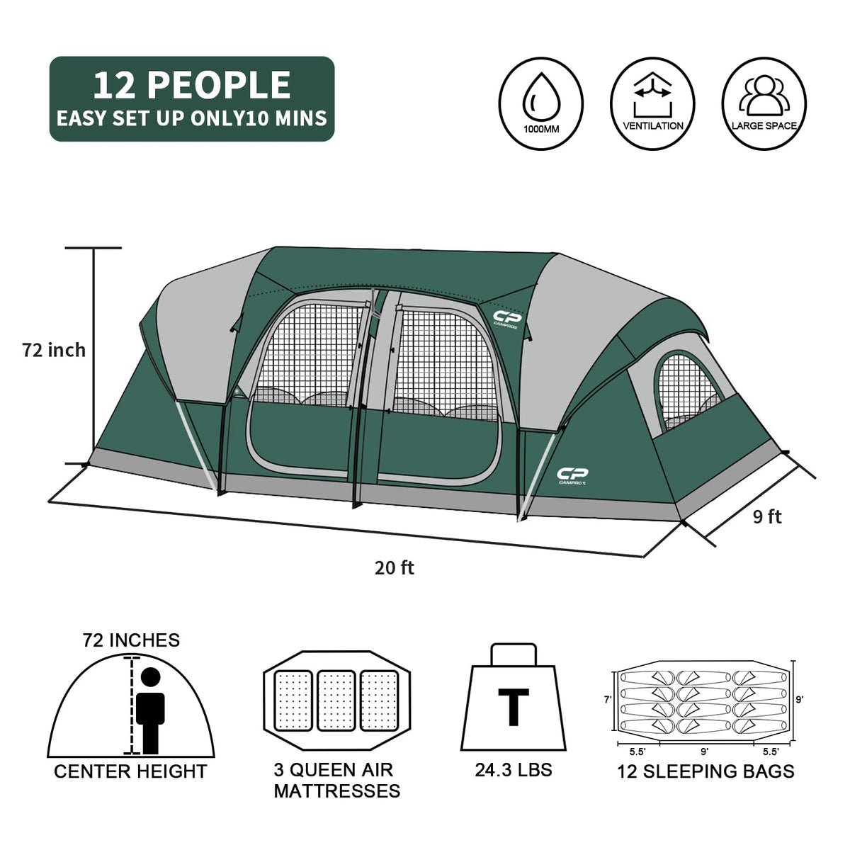 CAMPROS CP Tent 12-Person-Camping-Tents,3 Room Family Tents,Waterproof Windproof Family Tent with Top Rainfly,6 Large Mesh Windows,Double Layer,Easy Set Up, Portable with Carry Bag-20' x 9' x 72"(H)