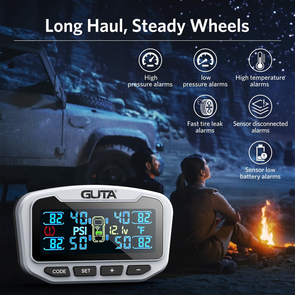 GUTA RV Tire Pressure Monitoring System, Trailer TPMS, 6 Sensors, 6 Alert Modes, Long Range Signal, CLA Charging & 2 USB-A Outputs, Adjustable LCD Display, Ideal for RV Truck Trailer Camper (0-188psi)