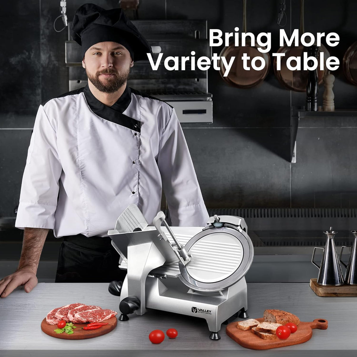 Valley Sportsman 8" Electric Meat Slicer, Commercial Meat Slicer with 1/4 HP, Italian Carbon Steel Blade, Ham Slicer with Adjustable Slicing Thickness for Semi-frozen Meat, Cheese, Deli