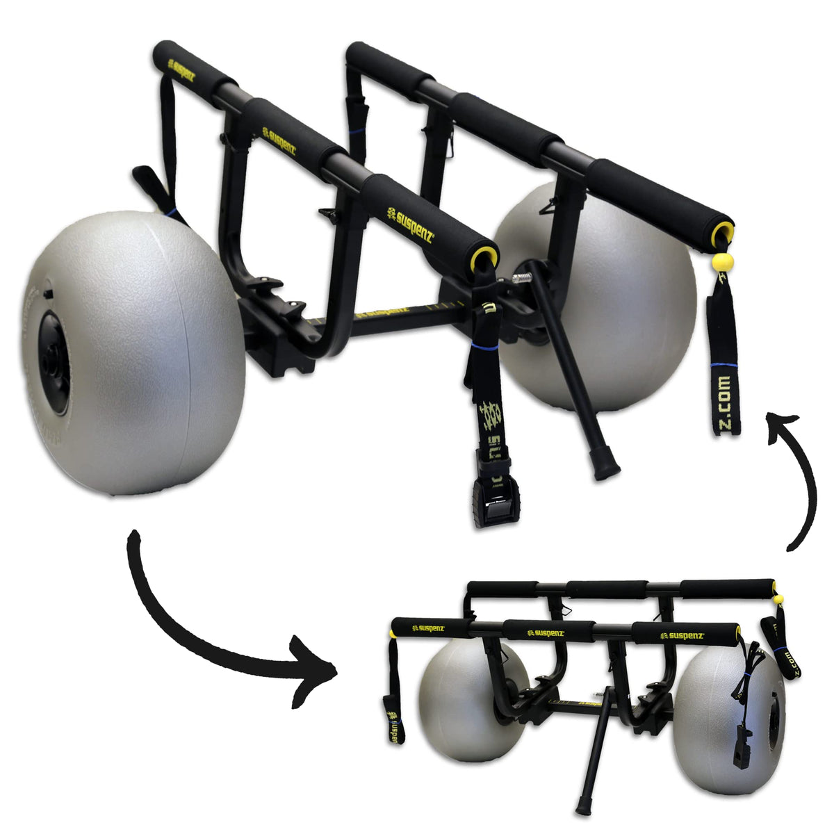 Suspenz Fishing Kayak Beach Sand Cart Trolley | Heavy Duty Canoe Carrier Trailer with Adjustable Bi-Directional Bunker Bars and Balloon Wheels | Catch-All Universal Beach Cart (22-9910)