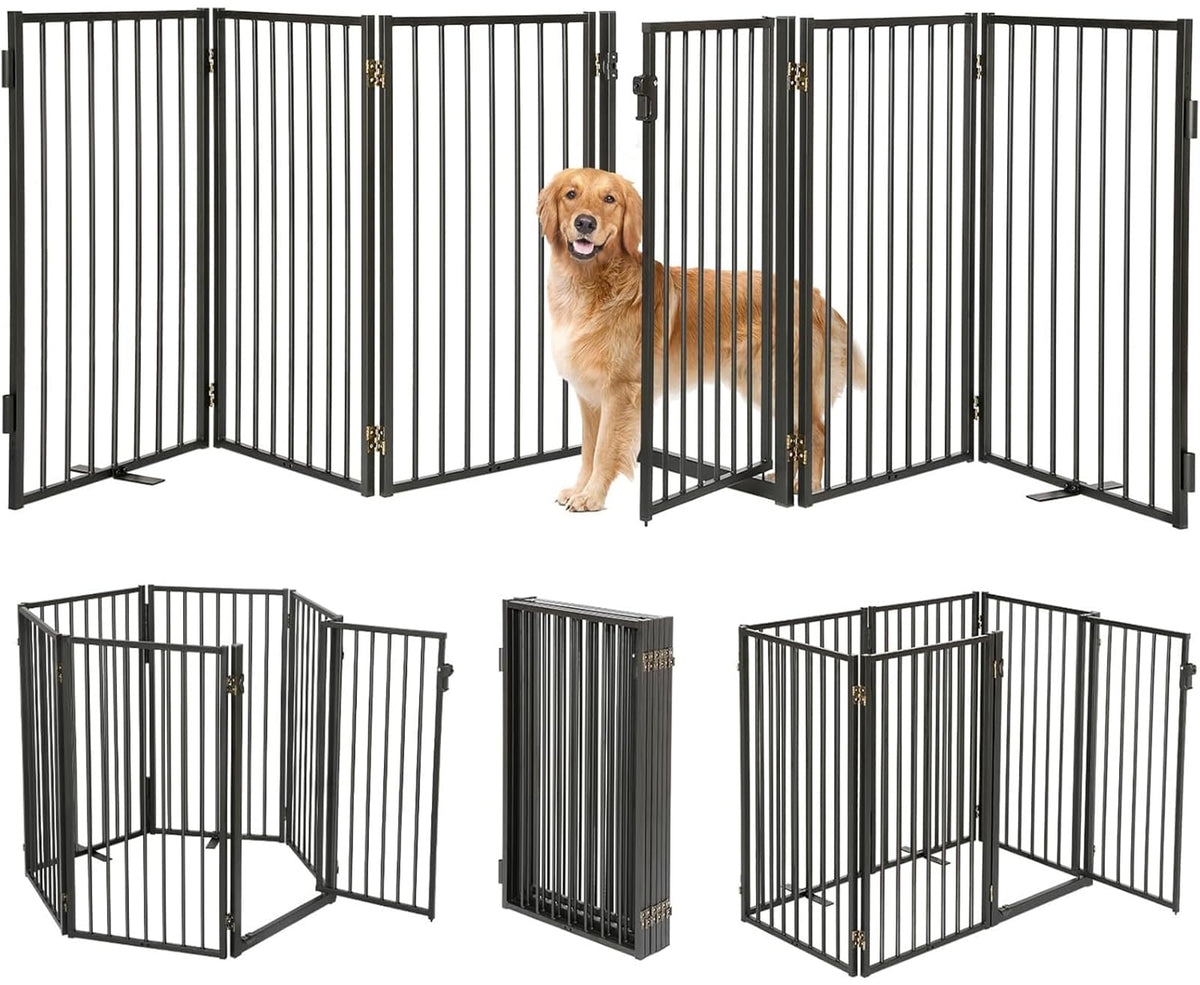 Metal Freestanding Dog Gates with Door for Outdoor Indoor,120'' Extra Wide 36'' Tall Free Standing Dog Gate for Doorways,Large Openings,Deck,Yard,Porch,Foldable Safety Pet Fence(Black,6 Panels)