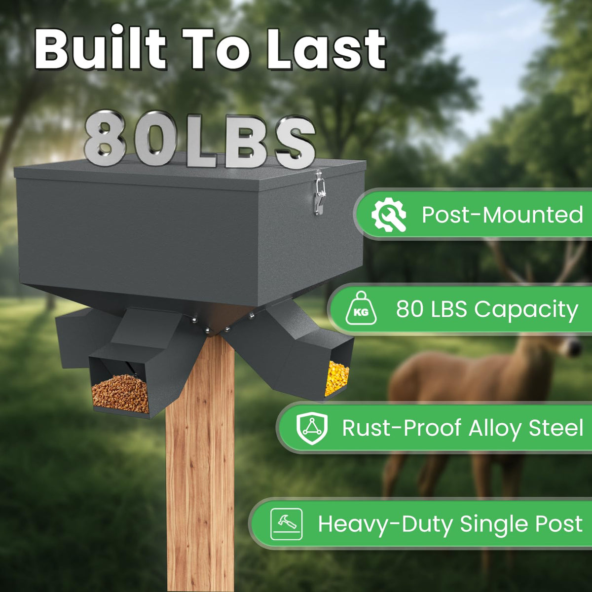 Portable 80LB Gravity Deer Feeder, Heavy Duty Metal Wildlife Feeder with 4 Feeding Ports, Weatherproof for Hunting & Backyard Game