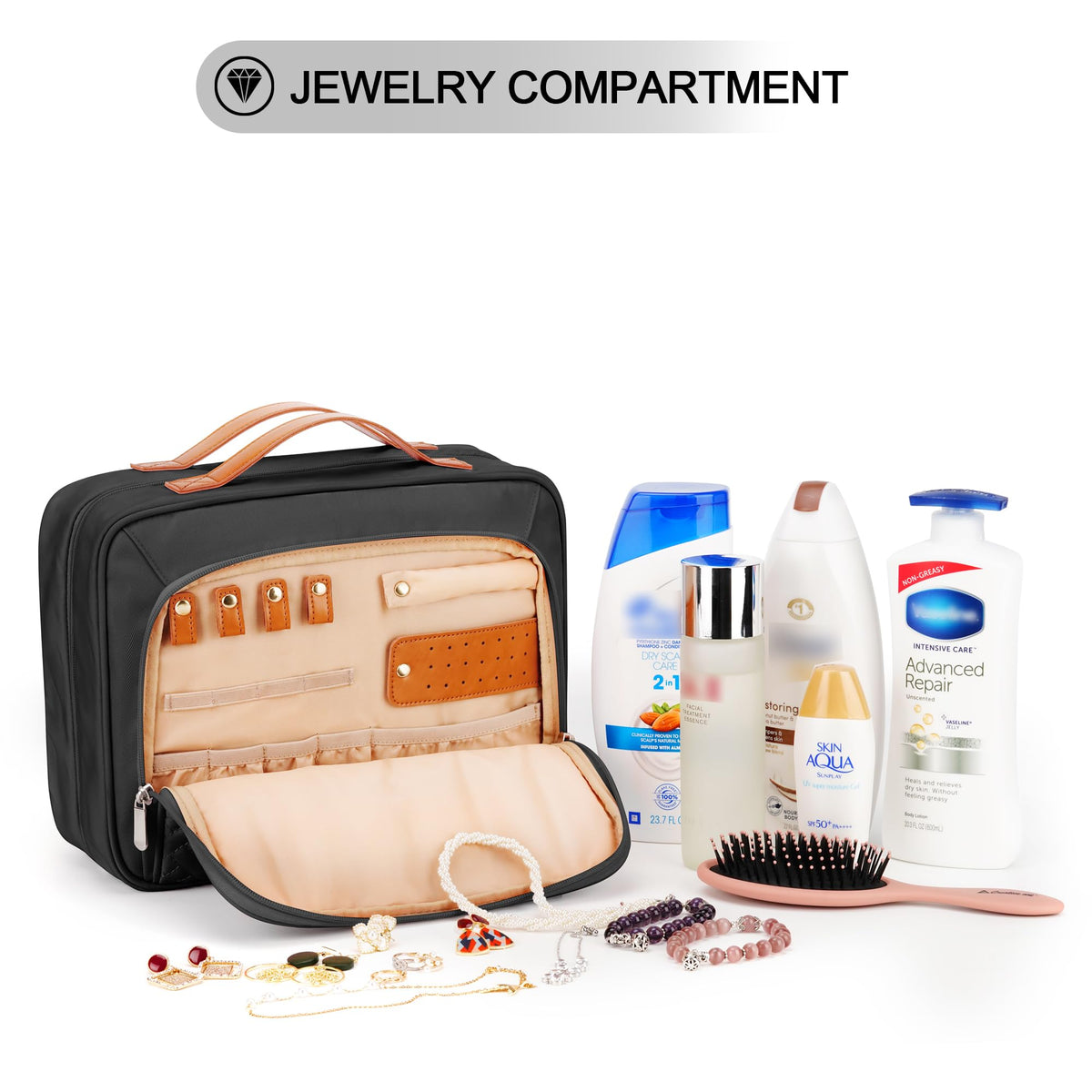 COOSKY Travel Hanging Toiletry Bag for Women, Holds Full-Size Shampoo, with Jewelry Organizer Compartment, Extra Large Makeup Bag, Waterproof Cosmetic Bag, Toiletries Kit Set with Trolley Belt, Black
