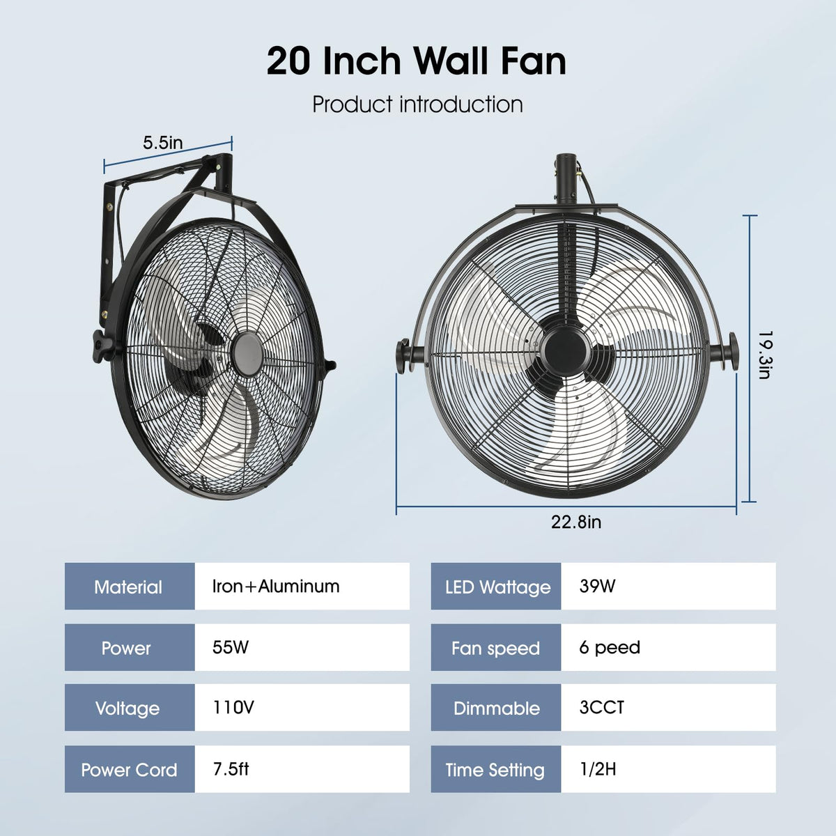 AHAWILL 20 Inch Wall Mount Fan with Lights,6-Speed High Velocity Wall Fan Dimmable Gazebo Fan,360°Adjustable Tilt Industrial Outdoor Fans for Patio,Garage,Workshop,Commercial,Black
