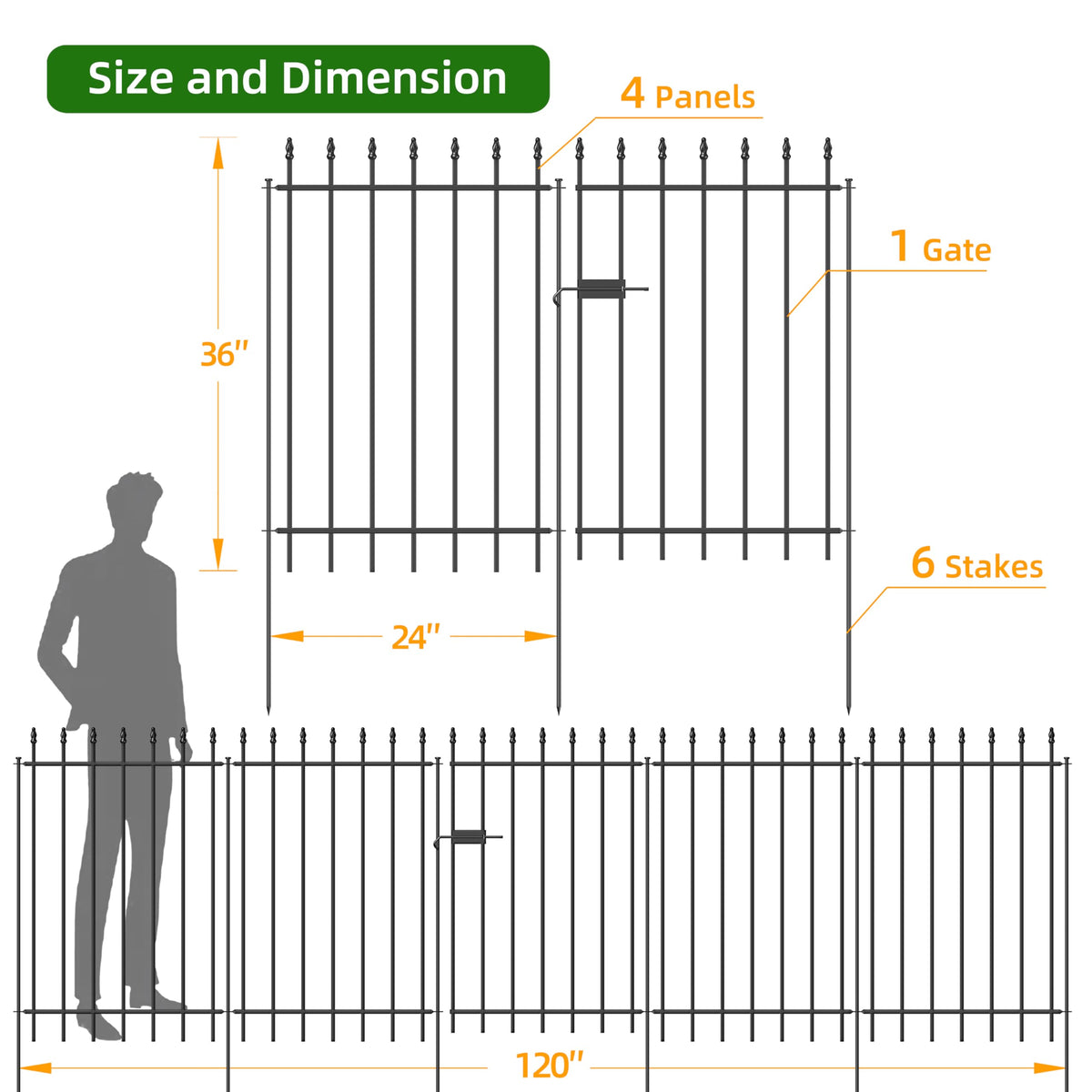 FOREHOGAR Metal Garden Fence with Gate 36 in H x 10 ft L, 1 Gate + 4 Panels Border Fence Panels Animal Barrier for Dogs, No Dig Garden Fencing for Yard Patio Flower Bed Lawn Outdoor, Black