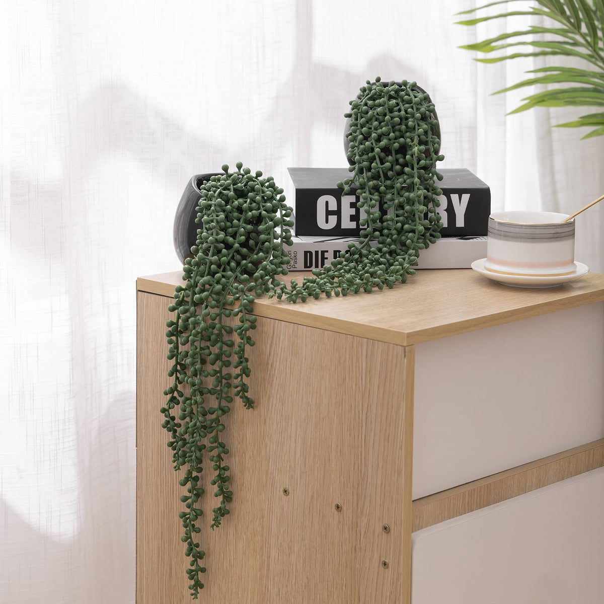 Tiita Artificial Hanging Plants, Faux Succulents in Pots, Realistic String of Pearls Plants for Home Office Accessories Window Sill Bathroom Bedroom Fake in Black Ceramic Pots, Set of 2