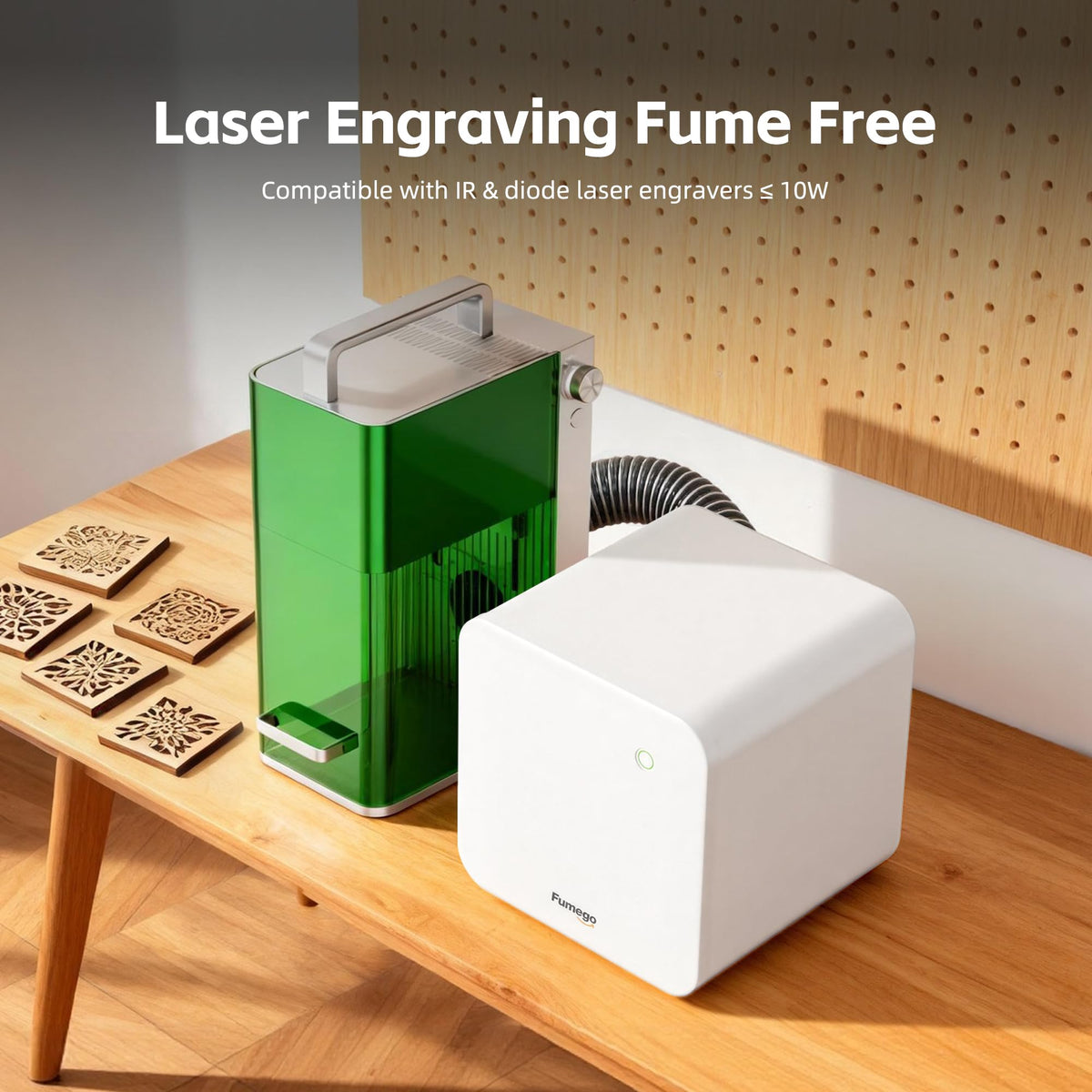 FUMEGO Laser Fume Extractor Compatible with F1/F2/Lumos/LP2/LP4 Laser Engravers ≤ 10W, 106 CFM & 55 dB Smoke Purifier for Laser Engraver, Laser Smoke Extractor HEPA Filtration Removes 99.97% of Fume