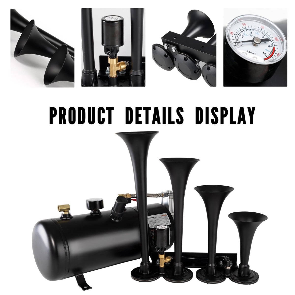 AOLIHAN Super Loud Train Horns Kit,180dB Four Trumpet Truck Horns with 150 PSI Air Tank,12V Air horn with 0.8 gallon Air Compressor Can for Truck, Jeep,Pickup,SUV (Black truck parallel horn kit)