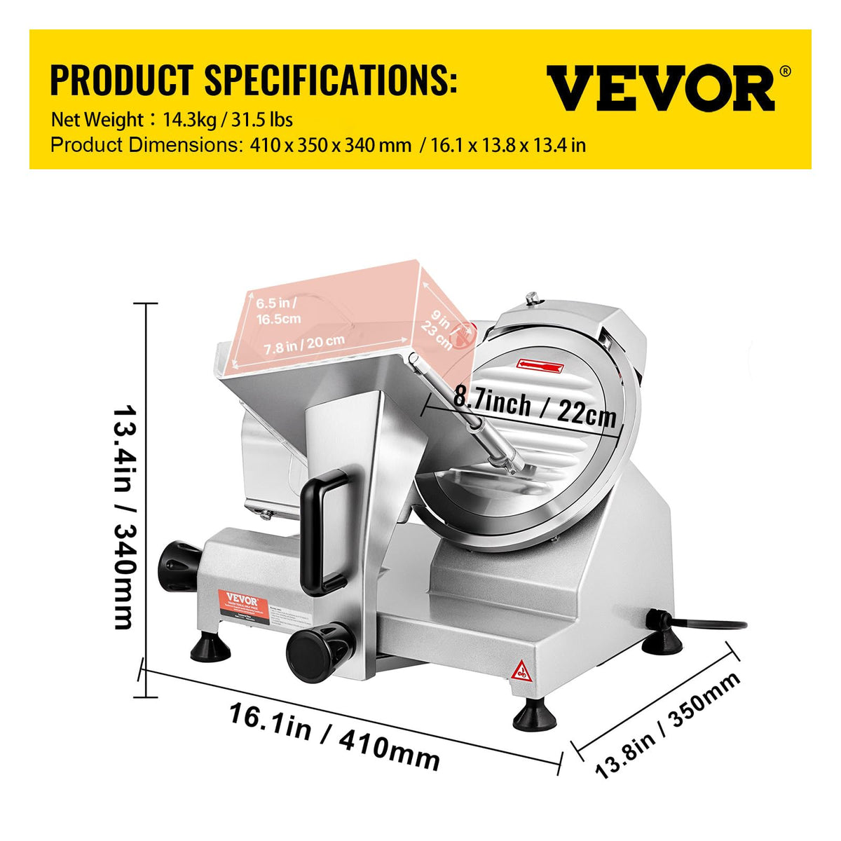VEVOR Commercial Meat Slicer, 200W Electric Deli Food Slicer, 0-12mm Adjustable Thickness Electric Meat Slicer, 350-400RPM Slicer with 8.7'' Chromium-plated Steel Blade for Home & Commercial Use