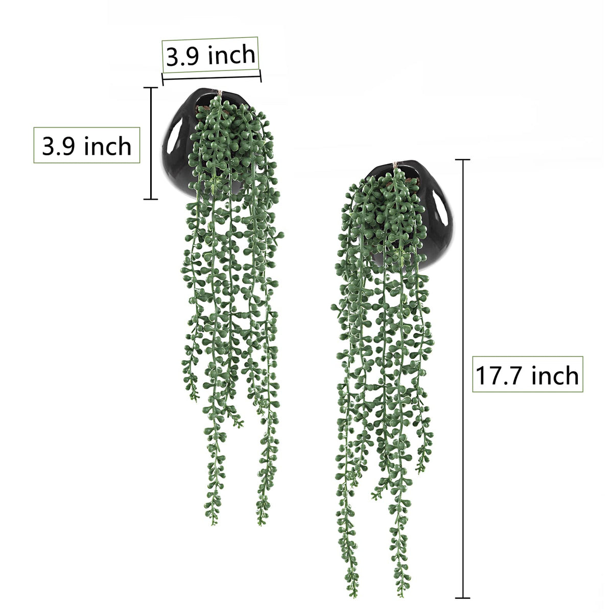 Tiita Artificial Hanging Plants, Faux Succulents in Pots, Realistic String of Pearls Plants for Home Office Accessories Window Sill Bathroom Bedroom Fake in Black Ceramic Pots, Set of 2