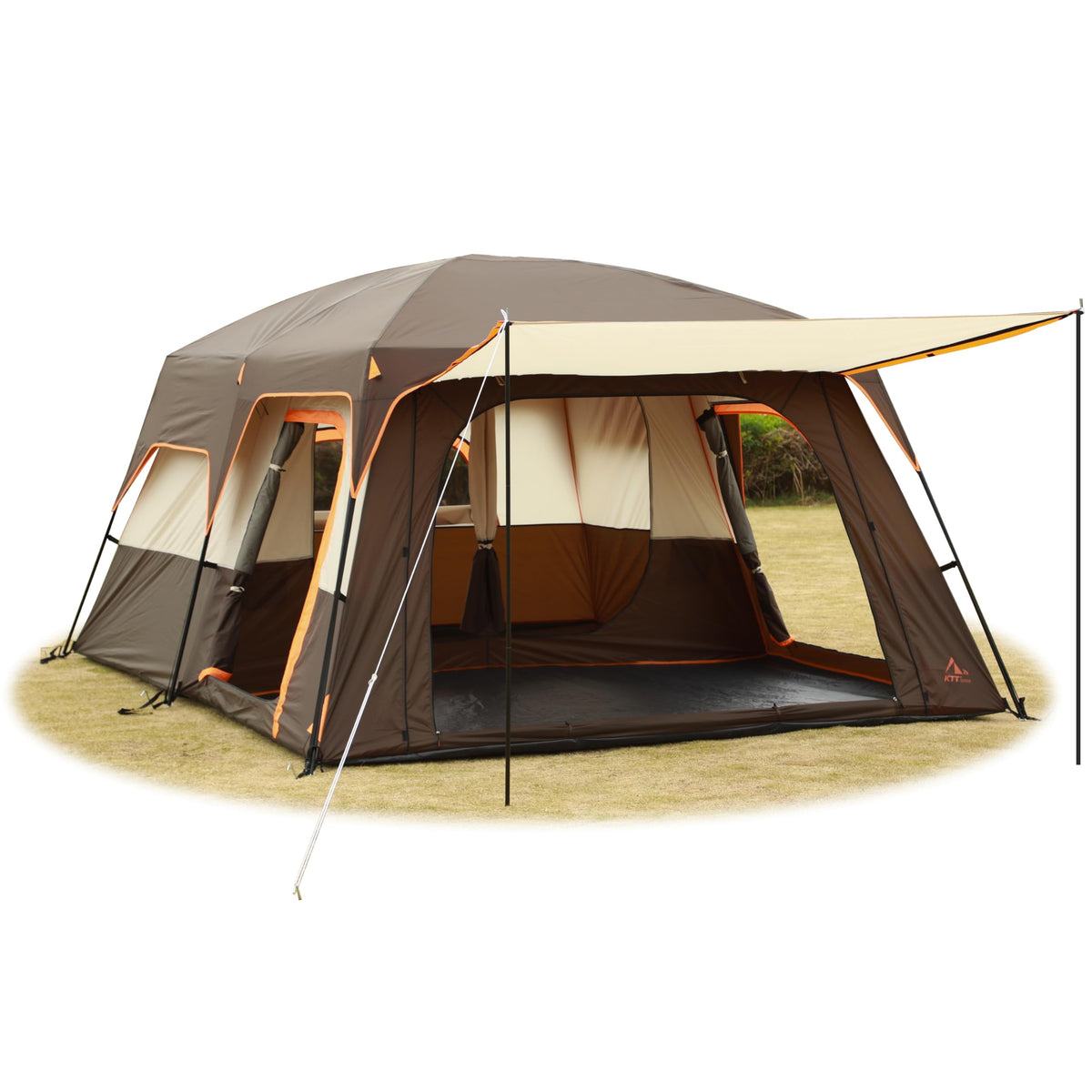 KTT Extra Large Tent 12 Person(A),Family Cabin Tents,2 Rooms,3 Doors and 3 Windows with Mesh,Straight Wall,Waterproof,Double Layer,Big Tent for Outdoor,Picnic,Camping,Family Gathering(Brown)