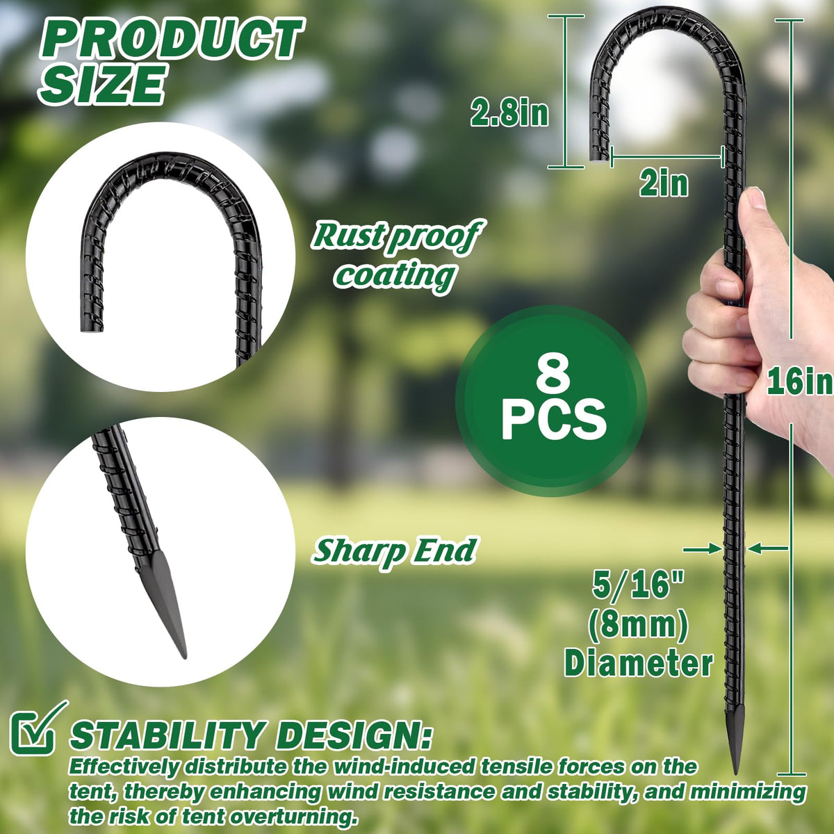 16 Inch Ground Stakes Heavy Duty,8 Pack Metal Fence Stakes for Ground for Wire Fencing,Heavy Duty Long Tent Stakes for Trampolines Camping Canopies and Swing Set