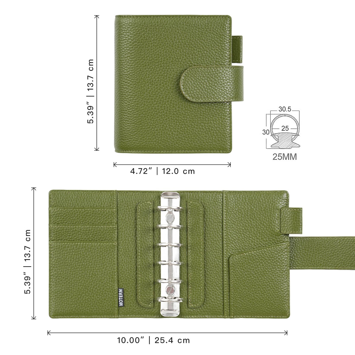 Moterm Pocket Elite Rings Planner - Genuine Leather Binder Organizer without Big Back Pocket (Pebbled-Olive, 25mm Ring)