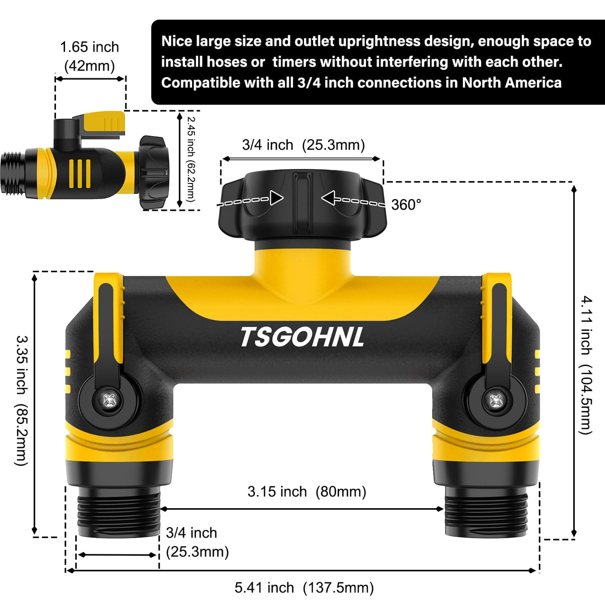2 Way Garden Hose Splitter, 3/4 Inch Outdoor Faucet Splitter, Hose Manifold with Independent Shut Off Valves, Wide Spacing for Hose Timers, Sprinklers, Lawn, Yard and Garden Watering - yellow