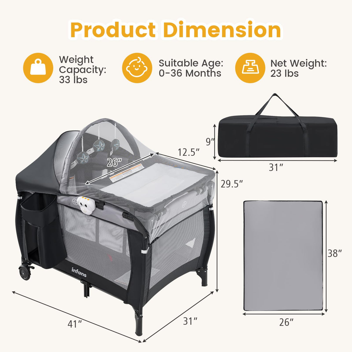 INFANS 4 in 1 Pack and Play, Portable Travel Baby Playard with Bassinet, Changing Table, Canopy, Mosquito Net, Hanging Toys, Music Box, Storage Bag, Large Playpen from Newborn to Toddlers (Black)