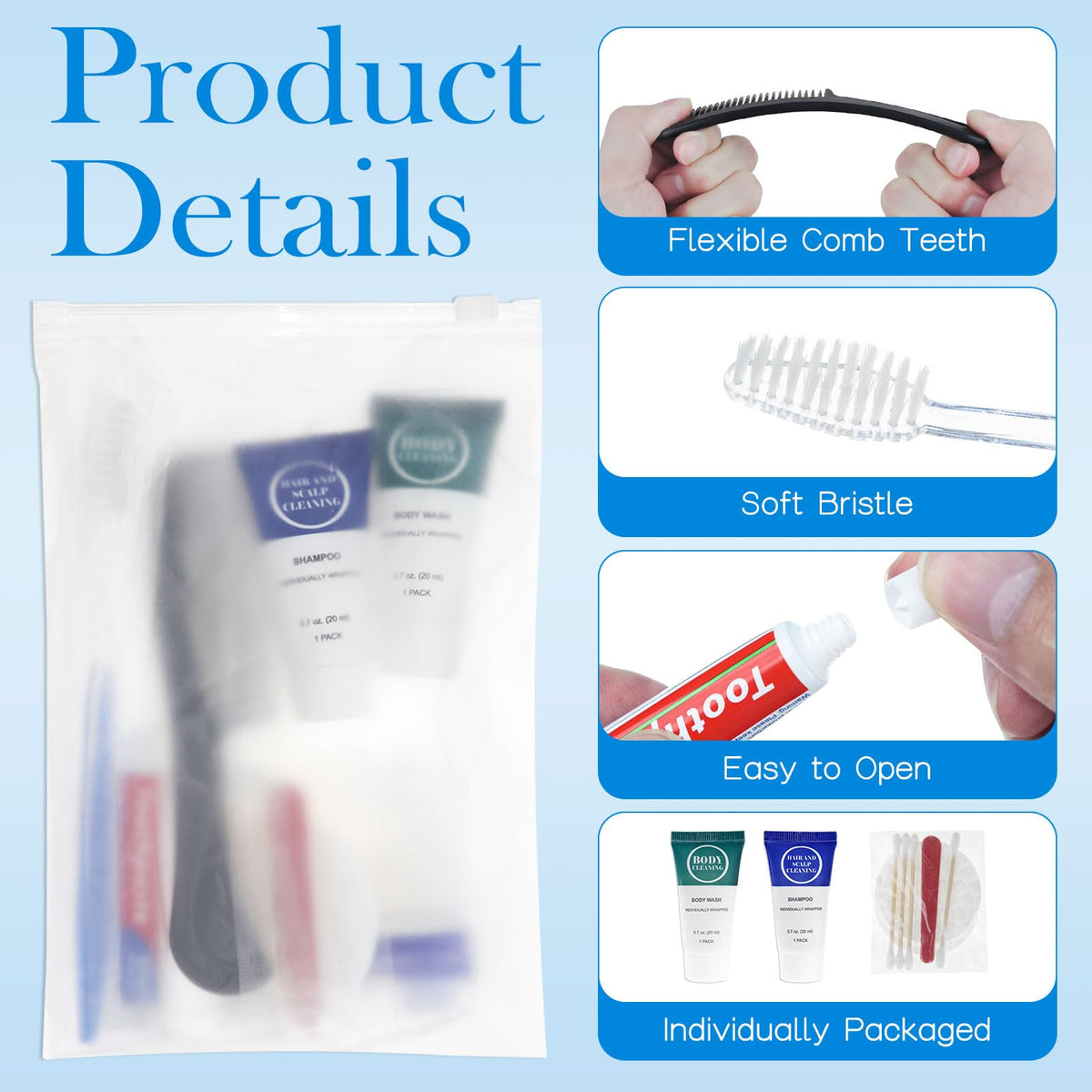 Toiletry Kits Travel Essentials Disposable Hygiene in Bulk, Trial Size Toiletries Supplies Individually Wrapped Traveling Personal Care Items, for Camping, Hotel, Homeless, Charity, 8-in-1 (200-Pack)