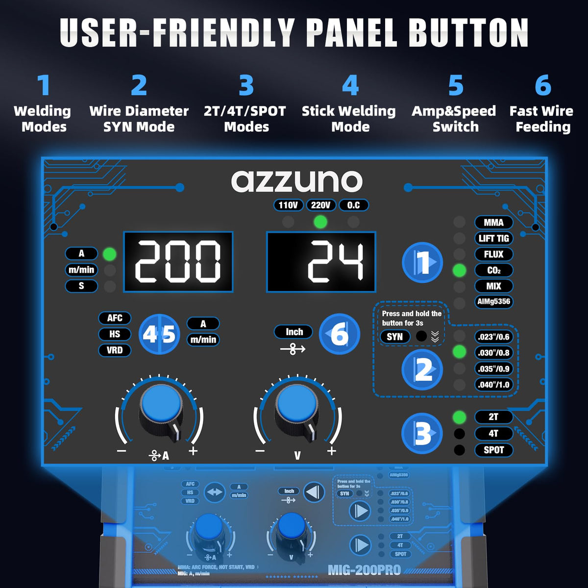 AZZUNO 8 in 1 200A MIG Welder & .035" Magnesium Aluminum Mig Welding Wire ER5356 1LB, 110V/220V Welder Machine Flux Core MIG/Gas MIG/MAG/Aluminum MIG/Spot MIG/Lift TIG/Stick Welding/Spool Gun Compatib