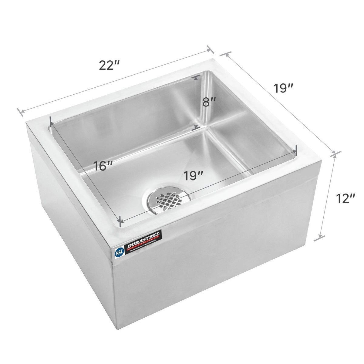 DuraSteel 19x22x12 Commercial Floor Mop Sink - NSF Certified 304 Stainless Steel Utility Room Service Basin with Leak Proof Flat Drain - Large Tub for Dog Washing, Filling Water Bucket, Cleanup