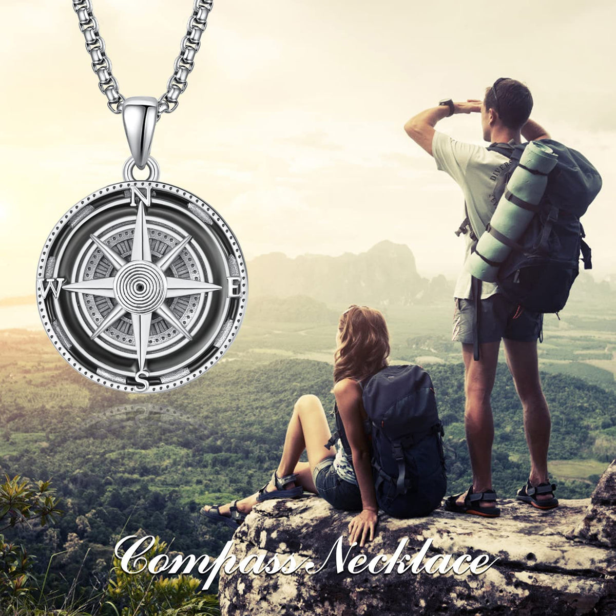 KINGWHYTE Compass Necklace for Men 925 Sterling Silver Necklaces Birthday Gifts Graduation Travel Jewelry for Husband Brother with Stainless Steel Chain 22"+2"