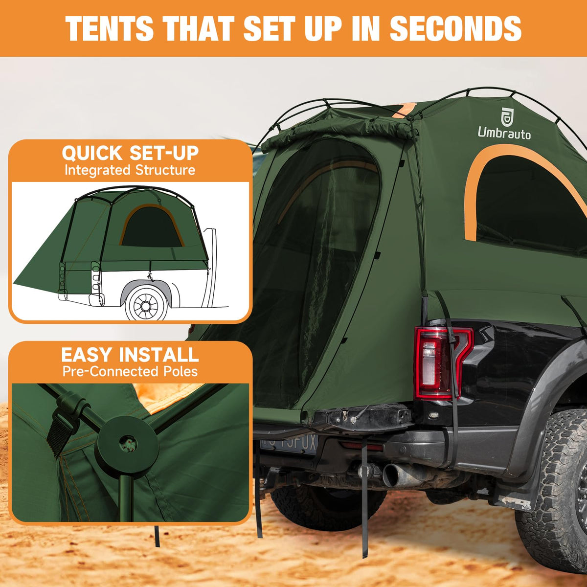 Umbrauto Truck Bed Tent Fits 6.5ft Truck Bed, Easy Setup for Camping, 3000mm Waterproof Pickup Truck Tent for 2 Person, Ford, GMC, Toyota, Chevy, Dodge, Nissan, Green & Orange