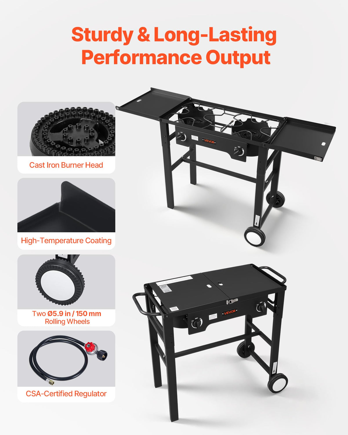 VEVOR 2 Burner Outdoor Propane Gas Stove, 150,000 BTU Propane LPG Gas Camping Stove, Foldable Heavy-duty Carbon Steel Outdoor Cooker, with Wheels & Shield & 20 PSI Regulator, for BBQ Camp Home Patio