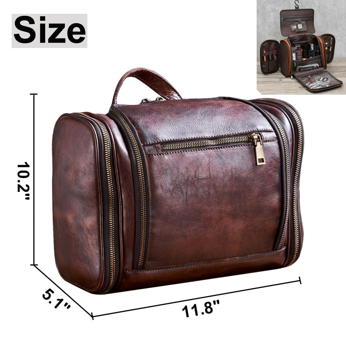 RC ROCKCOW Toiletry Bag For Men, Genuine Leather Toiletries Organizer, Large Travel Hanging Toiletry Bag Water-resistant Bathroom Shaving Kit for Cosmetics, Makeup Case Travel Dopp Kit