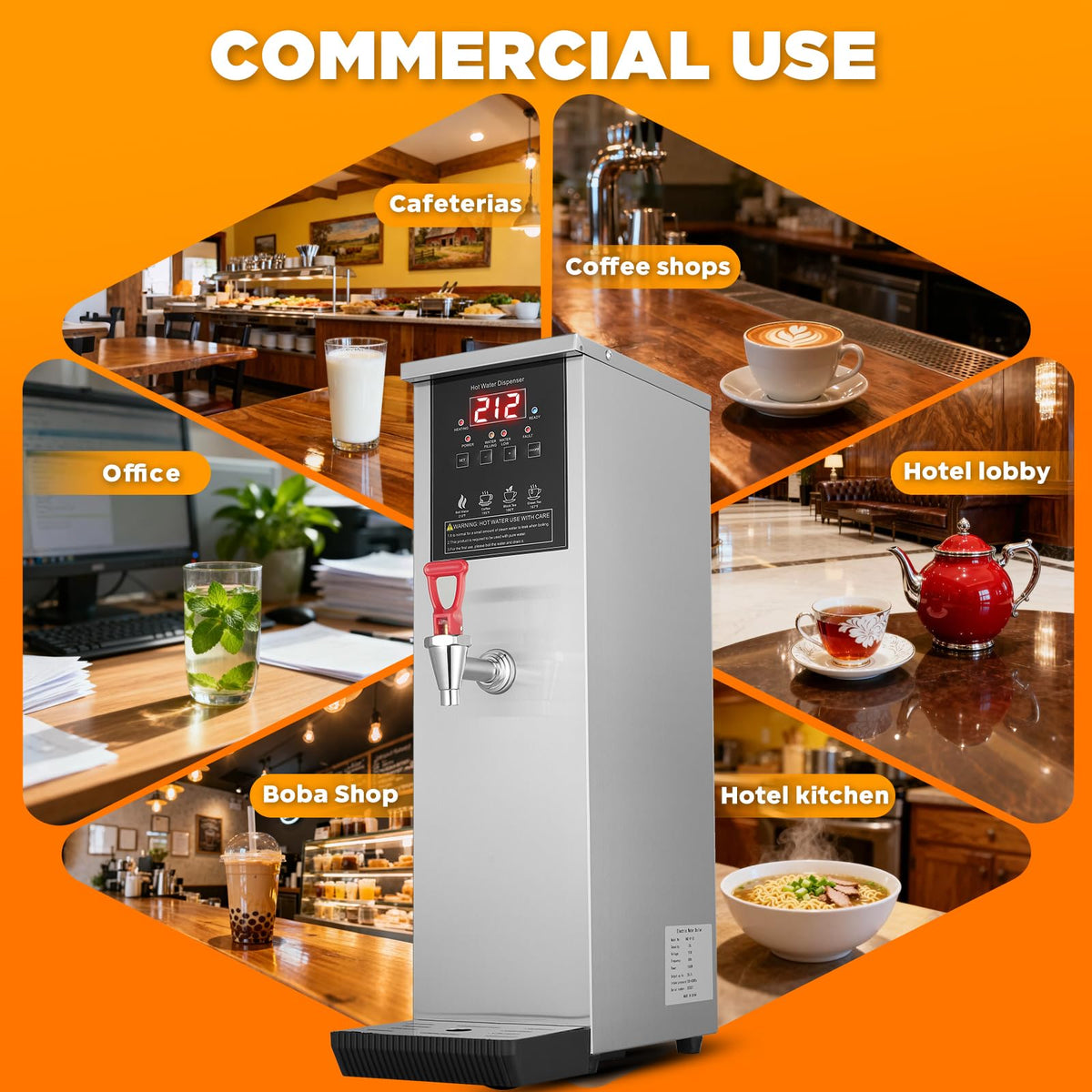 Commercial Hot Water Dispenser Water Boiler Countertop Auto-filling Stainless Steel Hot Water Machine Step-heating 104-212°F Adjustable for Cafe Tea Shop Office Restaurant Hotel 1500W 20L