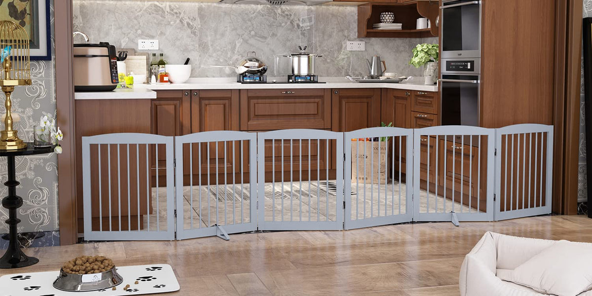 PUPETPO Freestanding Pet Gate for Dogs, Foldable Wooden Dog Gate for House, Extra Wide Indoor Pet Barrier for Stair, Doorway, Hall, Support Feet Included, 120 Inch Wide, 6 Panels 24", Grey